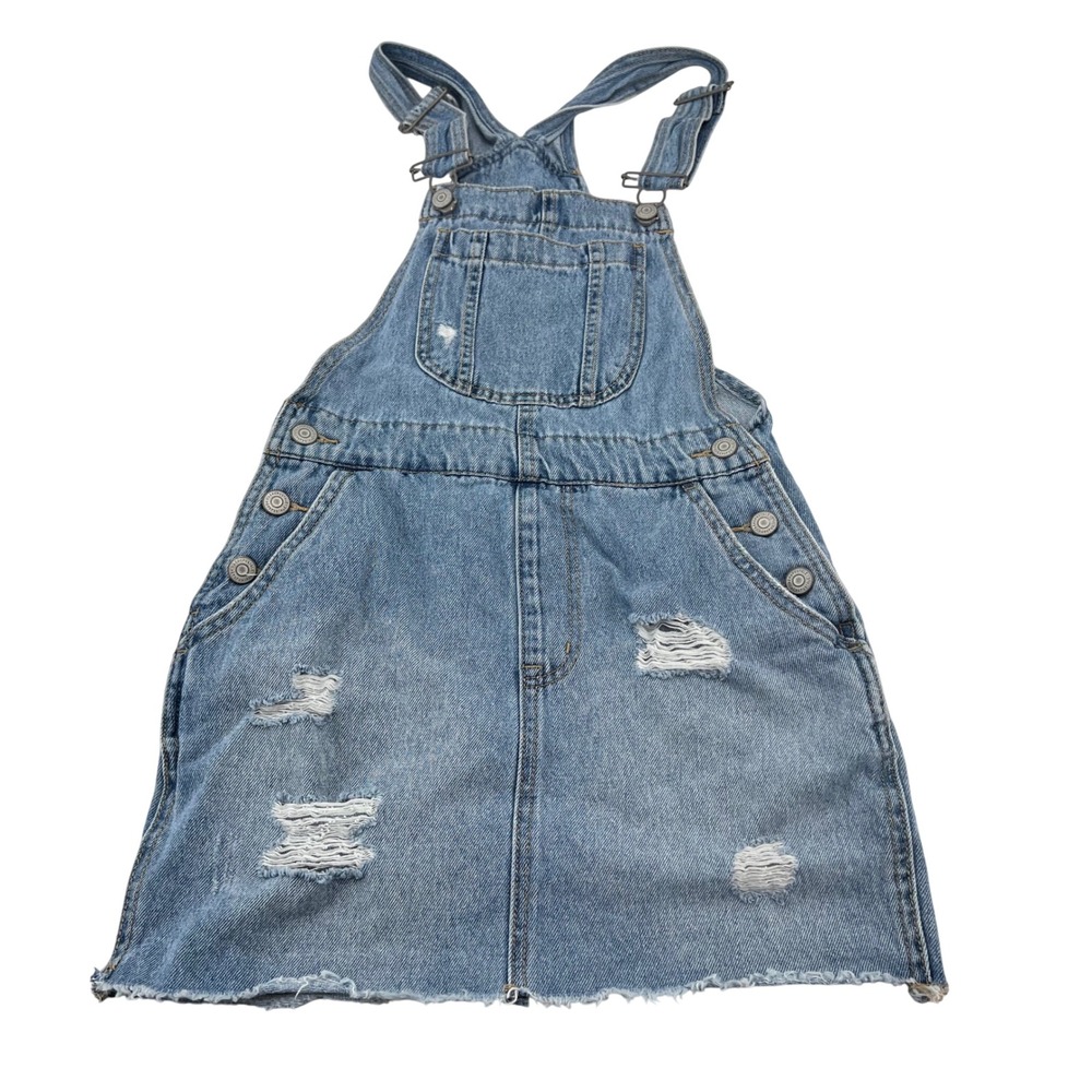 Aeropostale Womens Light Wash Distressed Denim Overall Pinafore Dress XS Raw Hem
